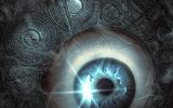 《咒术回战》五条悟动漫图片壁纸，蓝色无限术式光效环绕，深色背景下人物轮廓清晰帅气